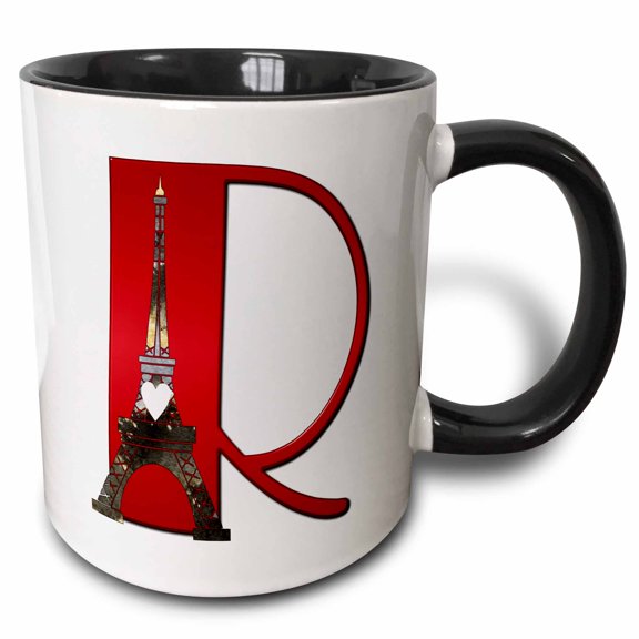 3drose, Red Monogram Initial R with an Eiffel Tower, 15oz Two-tone Black Mug