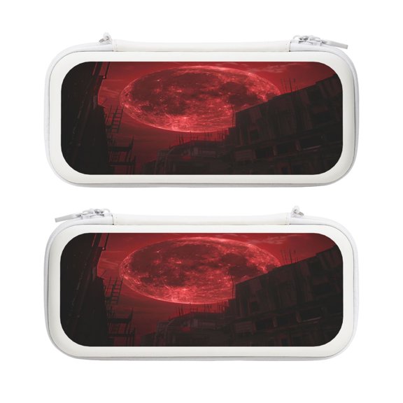 Red Moon City, Carrying Case For Nintendo Switch & OLED Version, Eva Lightweight Shockproof Protective Pouch Case for Game Console & Accessories with 10 Game Card Slot & Wristband, White