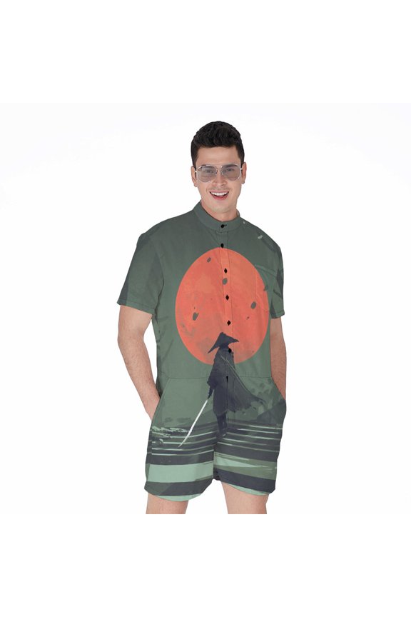 Red Moon Samurai Short Sleeve Men'S Rompers, Samurai Casual Summer Jumpsuits Outfit