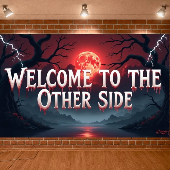 Red Moon Theme Welcome to the Other Side Banner Creepy Tree Design Spooky Backdrop Blood Drip Text Spooky  Haunted Background for Halloween Party Haunted House Decoration Horror Movie Night
