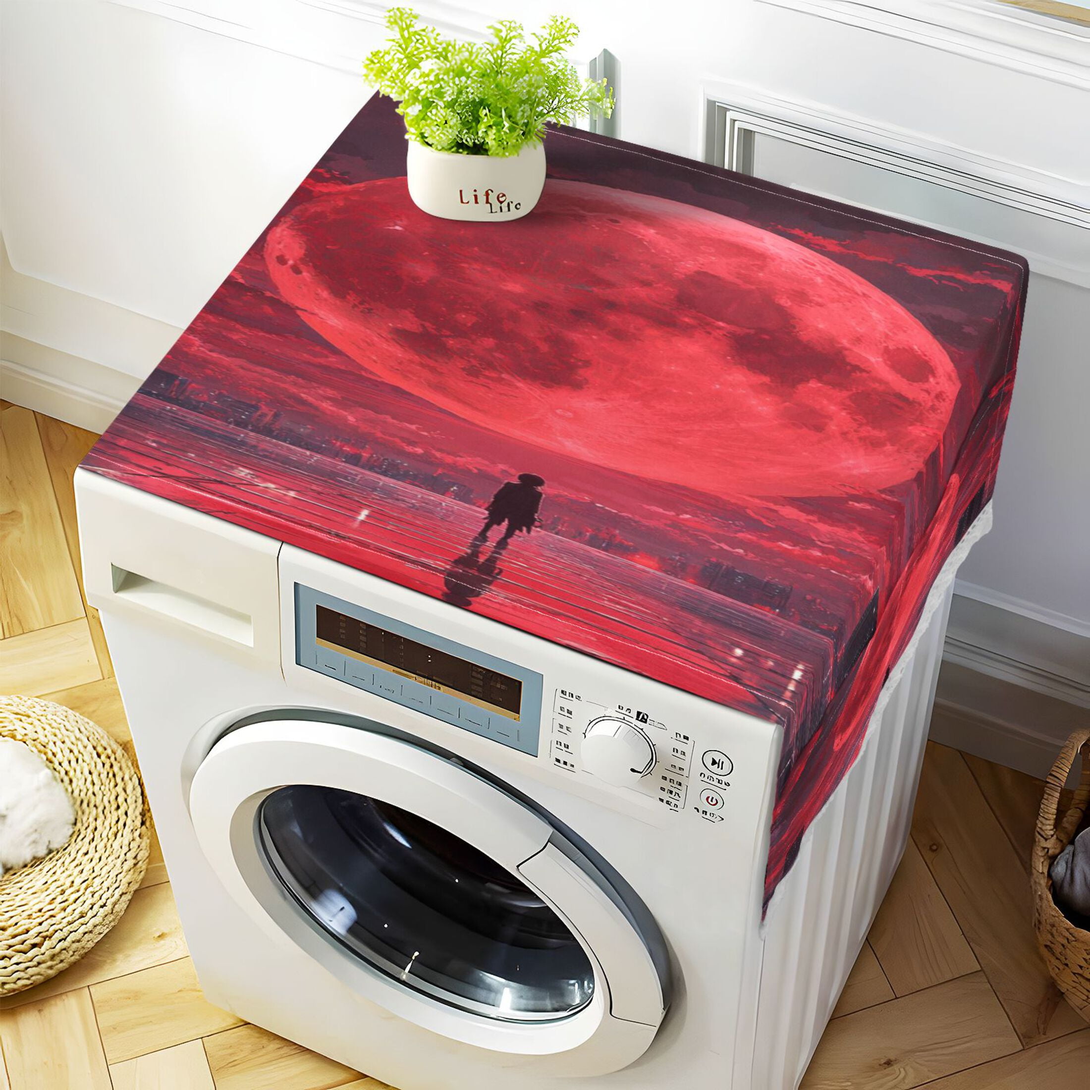 Red MoonWasher and Dryer Covers Dust-Proof and Oil Resistant Fridge Cover with 4 Storage Pockets Washing Machine Top Cover for Laundry Kitchen Home 51.2 x 22 In