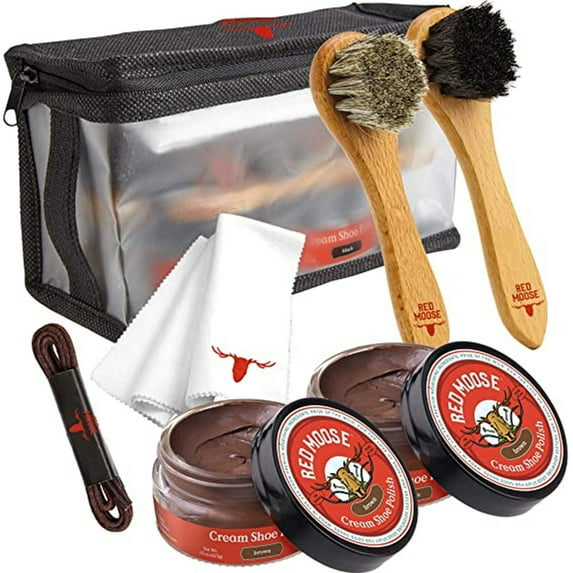 Red Moose Full Leather Shoe Polish Kit with Brushes, Creams, Cloth and Lace, Brown