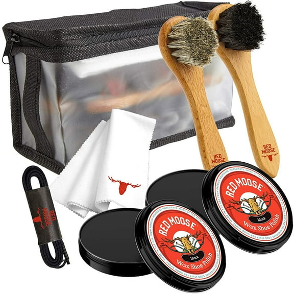 Red Moose Full Leather Shoe Wax Polish Kit with Brush, Cloth, Lace & Travel Case, Black