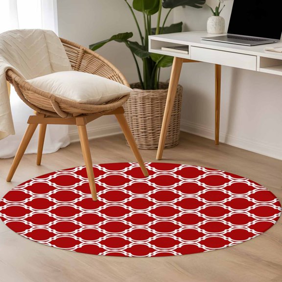Red Moroccan 3.3ft Round Rug for Bedroom Reading Corner, Retro Modern Geometric Morocco Abstract Art Vintage Washable Non Slip Circle Area Rug