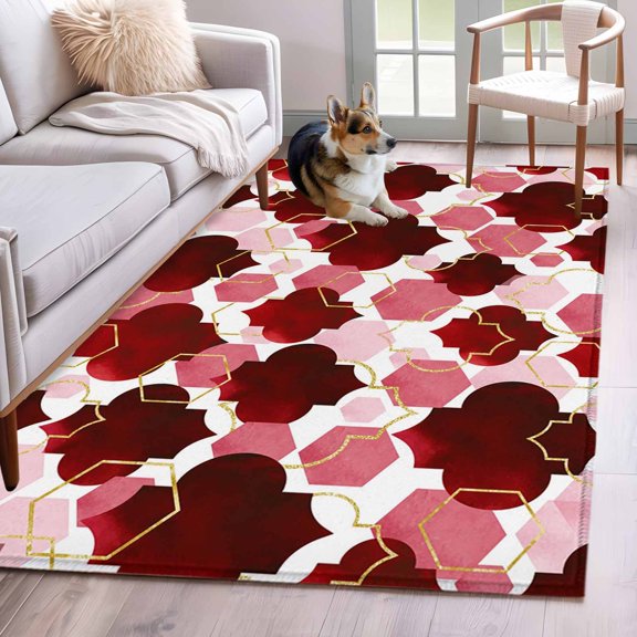 Red Moroccan Area Rugs 4x6 ft Abstract Gradient Gold Red Geometric Washable Rug Non Slip Indoor Carpet Absorbent Floor Mat for Living Room Bedroom Dining Room