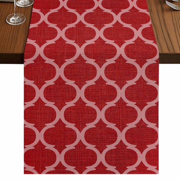 Red Moroccan Burlap Cotton Table Runner 13x36 Inches Short, Morocco Ethnic Abstract Quatrefoil Grid Farmhouse Table Runners, Outdoor Dining Tablecloths Decor for Baby Shower/Party/Wedding