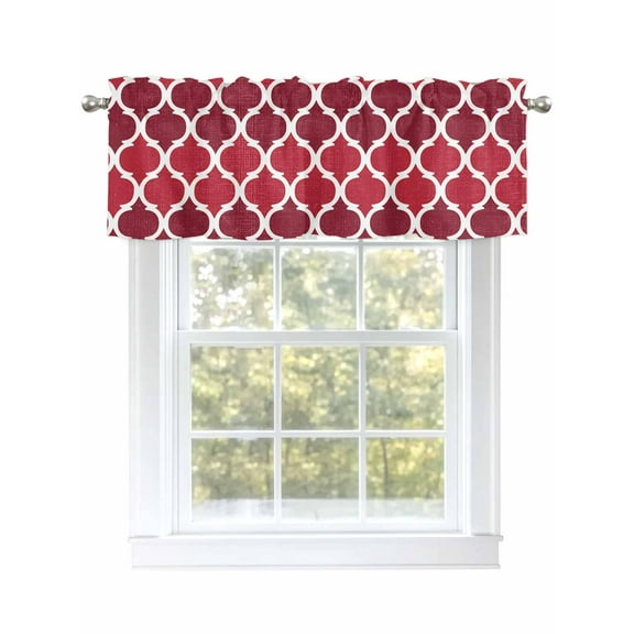 Red Moroccan Design Valances for Windows, Rod Pocket Kitchen Valance Curtains - Soft & Washable Small Window Treatment for Living Room, Bathroom, Retro Geometric Pattern 54x18inch, 1 Panel