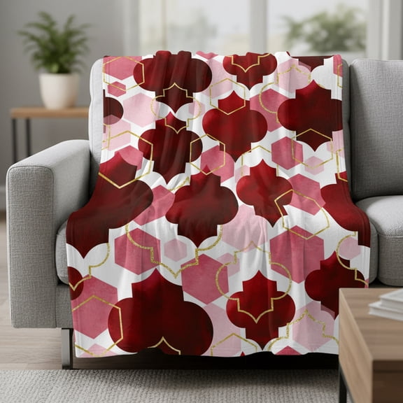 Red Moroccan Fleece Throw Blanket Abstract Gradient Gold Red Geometric Ultra Soft Fuzzy Cozy Flannel Throw Blanket for Couch Sofa Bed Car Travel, Ideal Gifts 50x60 Inches