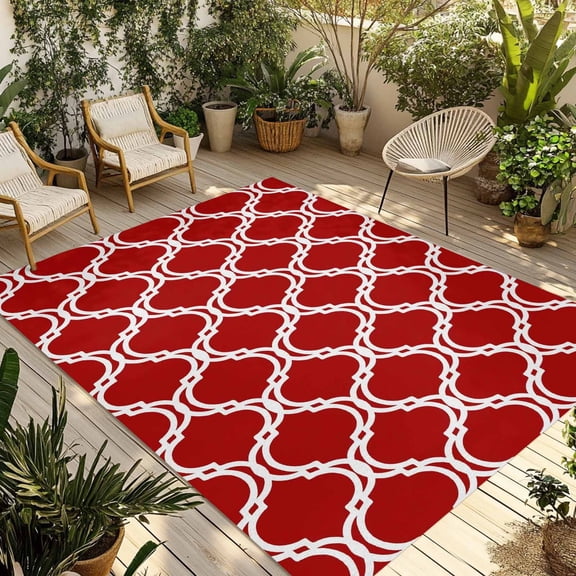 Red Moroccan Outdoor Rug, Retro Modern Geometric Morocco Abstract Art Vintage Non-Slip Area Rugs Carpet Breathable Large Floor Mat for Outdoors Patio Porch Deck Beach 4’ x 6’
