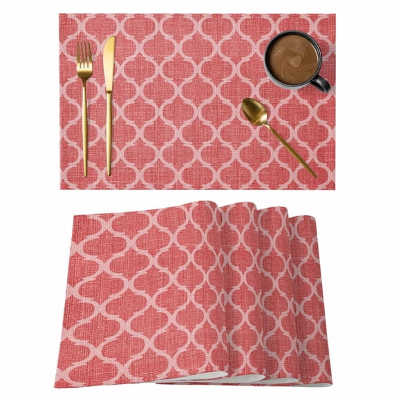 Red Moroccan Placemats Set of 8, Ethnic Abstract Geometric Quatrefoil Grid Placemats for Dining Table, Place Mats for Kitchen Tabletop, Waterproof Wipeable Dining Table Mats Set