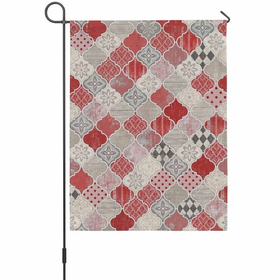 Red Moroccan Shield Garden Flags For Outdoor, Modern Abstract Exotic Geometric Grey Checkered Small Double Side Yard Flags Weather Proof Garden Decor for Lawn Outside Holiday 12 x 18 Inches