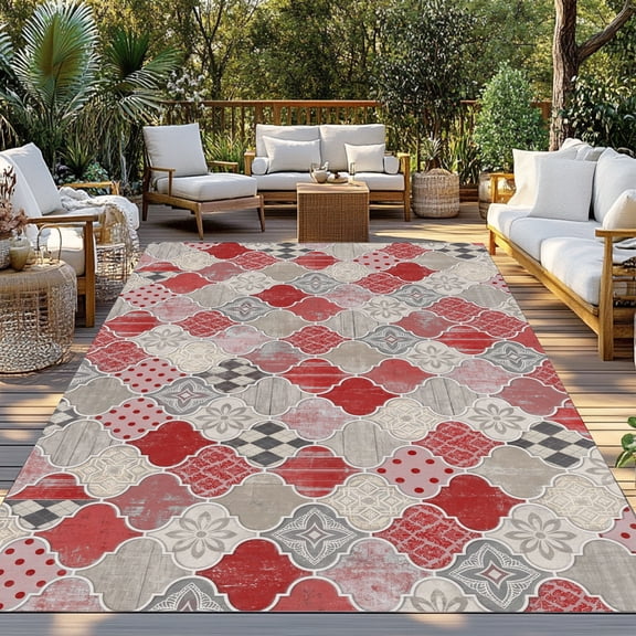 Red Moroccan Shield Indoor Outdoor Rugs 4x6 Ft, Modern Abstract Exotic Geometric Grey Checkered Outdoor Patio Rugs Mat Washable Outside Area Rugs Carpet for Porch Deck RV Camping Pool Balcony