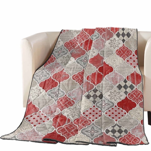 Red Moroccan Shield Quilted Comforters Cooling Blanket King Size, Modern Abstract Exotic Geometric Grey Checkered Cold Comfort for Hot Sleepers Lightweight Air Conditioning Quilt Blanket for Bed