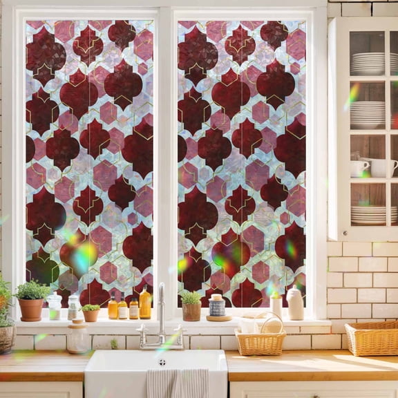 Red Moroccan Window Privacy Film Abstract Gradient Gold Red Geometric Static Cling Stained Glass Window Film Non-Adhesive Decorative Decals Rainbow Sticker 19.6"X39.3"
