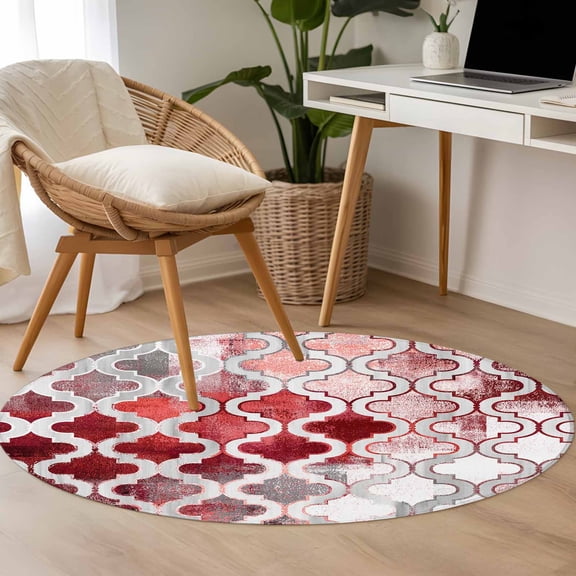 Red Morocco 3.3ft Round Rug for Bedroom Reading Corner, Abstract Retro Washable Non Slip Circle Area Rug