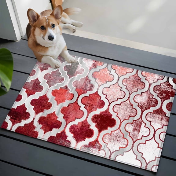 Red Morocco Front Door Rugs 2x3 ft Abstract Retro Tribal Geometric Ethnic Small Rug for Entryway Non Slip Washable Bathroom Door Mat Absorbent Floor Mat for Indoor Entrance