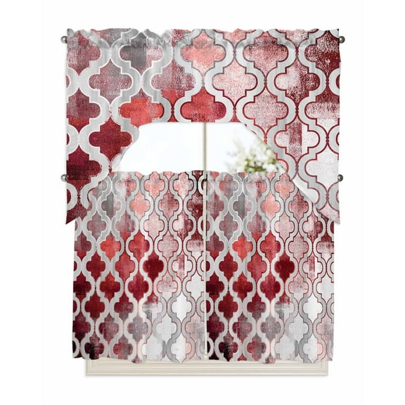 Red Morocco Kitchen Curtains Swag Valance and Tier Curtains Set 36 Inch Length, Rustic Country Smear Street Mottled Art Rod Pocket Drape Panels Pair Swag Curtains for Bathroom/Cafe/Window