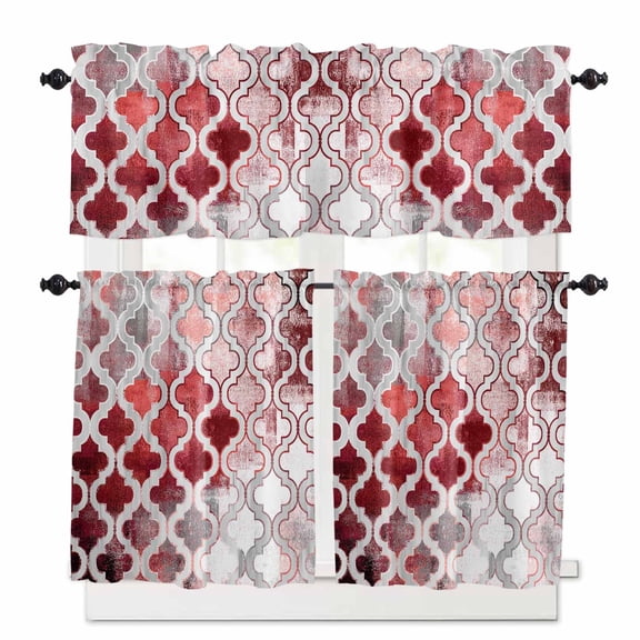 Red Morocco Kitchen Curtains Valance and Tier Set Abstract Retro Rod Pocket Short Curtains for Small Window 3 Pieces Set for Bedroom Bathroom Cafe (54" x 18"+27" x 36")