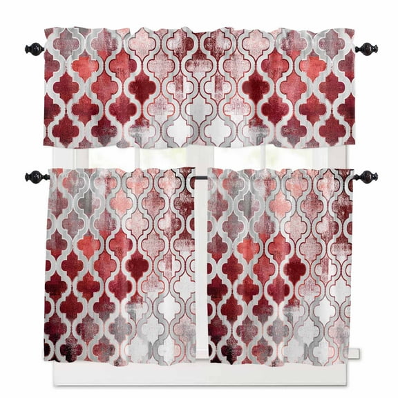 Red Morocco Kitchen Curtains Valances and Tiers Set of 3, Tribal Geometric Ethnic 36 Inch Length Tier Curtains and Valance Rod Pocket Valance Curtains Set for Kitchen Bathroom Small Windows