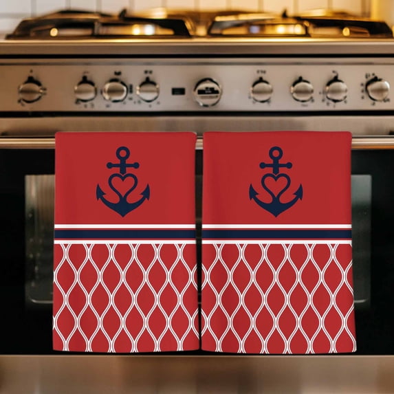 Red Morocco Kitchen Towels Set of 2, Ocean Nautical Anchor Stripe Geometric Absorbent Dish Towels for Kitchen, Microfiber Hand Towel, Quick Drying Tea Towel for Cleaning Decorative Dishcloths