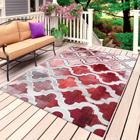 Red Morocco Outdoor Rug for Patio/Deck/Porch, Non-Slip Large Area Rug 6 x 9 Ft, Rustic Country Smear Street Mottled Art Indoor Outdoor Rugs Washable Area Rugs, Reversible Camping Rug Carpet Runner