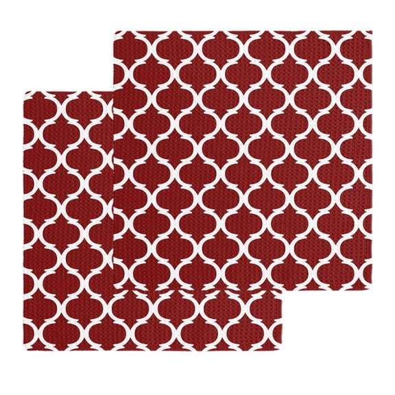 Red Morocco Pattern Kitchen Dish Towels for Drying Dishes Set of 2, Modern White Geometric Moroccan Art Waffle Weave Microfiber Hand Tea Bathroom Towels Quick Dry & Absorbent Towel 12x12