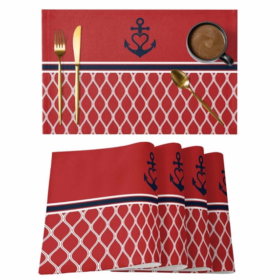 Red Morocco Placemats Set of 4, Ocean Nautical Anchor Stripe Geometric Placemats for Dining Table, Place Mats for Kitchen Tabletop, Waterproof Wipeable Dining Table Mats Set