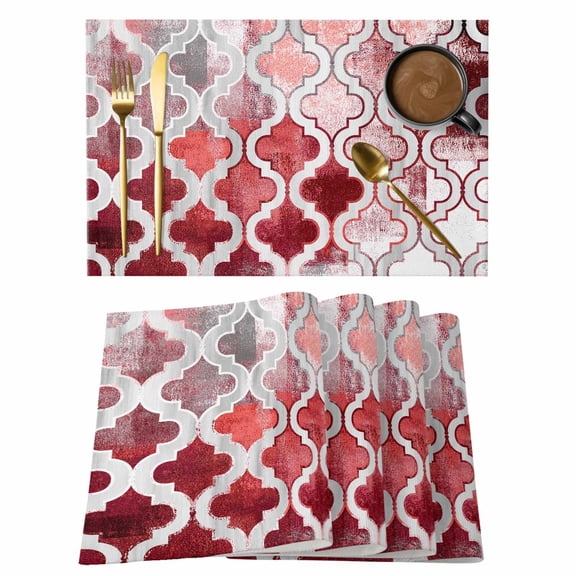 Red Morocco Placemats Set&nbsp;of&nbsp;12 Abstract Retro Tribal Geometric Ethnic Heat Insulation Washable Place Mats, Rustic Non-Slip Table Mats for Dining Table Party Kitchen Decor,13x19 Inch