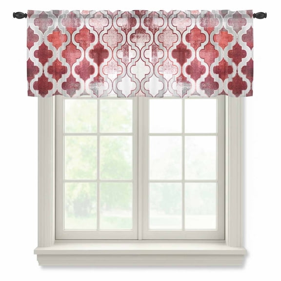 Red Morocco Semi Sheer Valance Curtains Abstract Retro Voile Valances Curtain Rod Pocket Small Window Treatment for Kitchen Bathroom Cafe 60"x18"