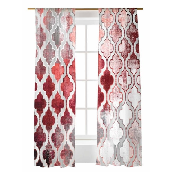 Red Morocco Sheer Curtains 2 Panels Set Abstract Retro Tribal Geometric Ethnic Lihgt Filtering Rod Pocket Voile Drape, Semi Sheer Window Curtains for Bedroom Living Room, 52"x84"