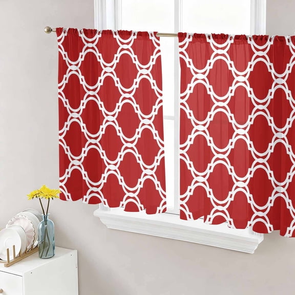 Red Morocco Sheer Curtains 54 Inch Length 2 Panels Set, Geometric Moroccan National Abstract Art Voile Window Treatment Rod Pocket Short Kitchen Curtains Drapes for Bedroom 52"x54"x2