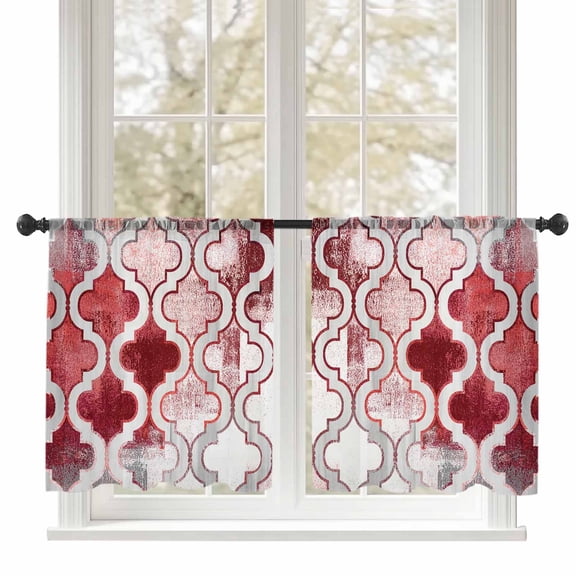 Red Morocco Sheer Curtains 54 inches Long, Abstract Retro Tribal Geometric Ethnic Light Filtering Sheer Window Curtains Rod Pocket Voile Drapes for Bedroom Living Room, 52"W x 54"L 2 Panels