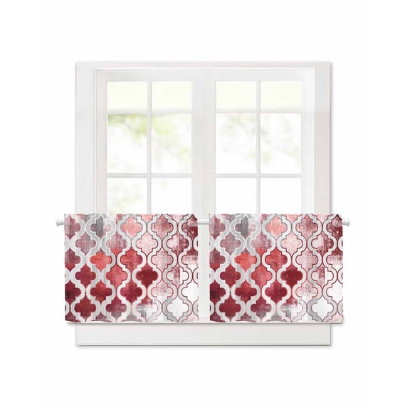 Red Morocco Short Blackout Curtains 24 Inch Long Abstract Retro Tribal Geometric Ethnic Rod Pocket Kitchen Curtains, 2 Panels Thermal Insulated Darkening Drapes for Bedroom, 30"W x 24"L
