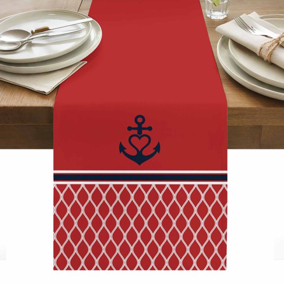 Red Morocco Table Runner - 48 Inch Long, Kitchen Dining Table Runner Dresser Scarves, Ocean Nautical Anchor Stripe Geometric Farmhouse Decor for Coffee Tables Wedding Party Banquet