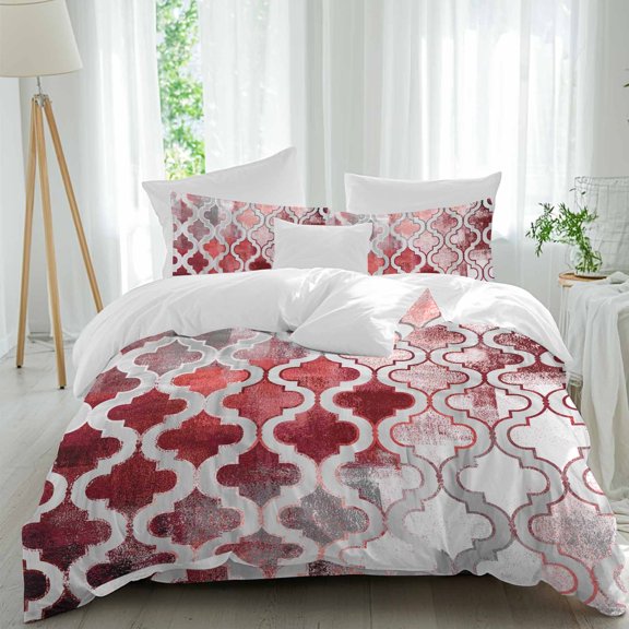 Red Morocco Twin Size Comforter Set, Abstract Retro Tribal Geometric Ethnic Bedding for All Seasons, 4 Pcs Bed Set, 1 Quiltcover (68"x86") ,1Sheet(67"x116"), 2Pillowcases (30"x20")