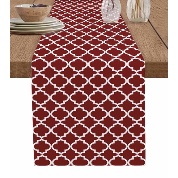 Red Morocco Short Table Runners 48 Inches, Cotton Linen Fabric Table Runner Dresser Scarf, Farm Country Moroccan Geometric Plaid Tablerunner for Party/Kitchen/Dinner/Wedding Decor 13''x48''