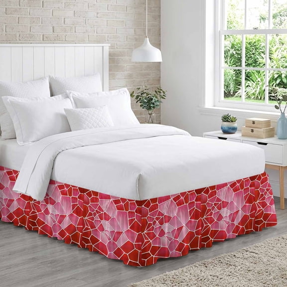 Red Mosaic Bed Skirt Queen Size 18 Inch Drop, Modern Abstract Crimson Tiles Geometric Art Adjustable Elastic Dust Ruffles Bedskirt for Queen Bed Wrap Around Pleated Mattress Frame Cover