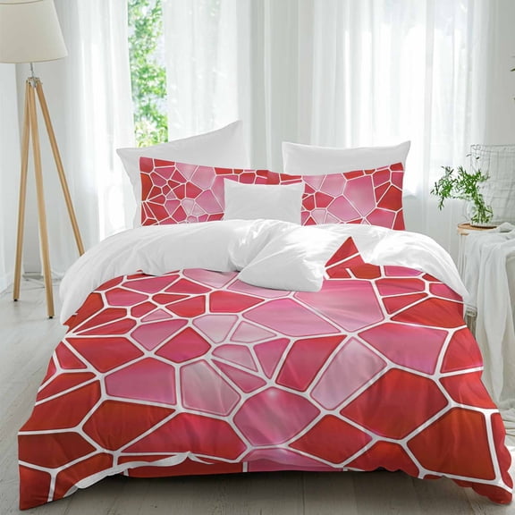 Red Mosaic Duvet Cover Set Queen Size, Modern Abstract Crimson Tiles Geometric Art 4 Piece Soft Microfiber Bedding Set with Zipper Closure, 1 Comforter Cover, 1 Flat Sheet, 2 Pillowcases