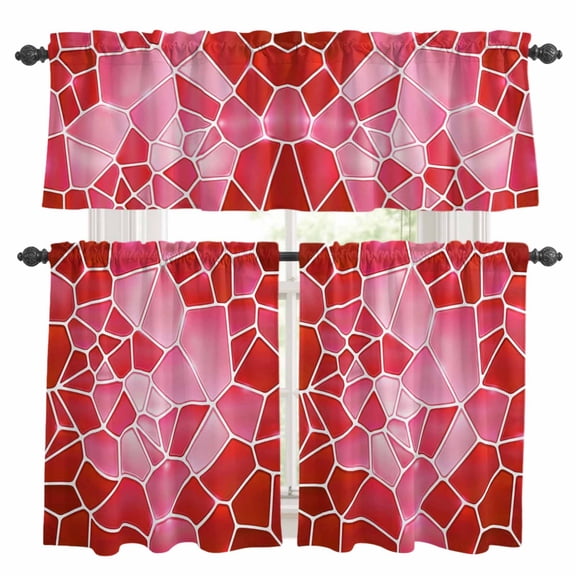 Red Mosaic Kitchen Curtains Valances 3 Piece Set, Modern Abstract Crimson Tiles Geometric Art Rod Pocket Tier Curtain and Valance Drapes for Small Window 24 Inch Length for Bedroom Cafe