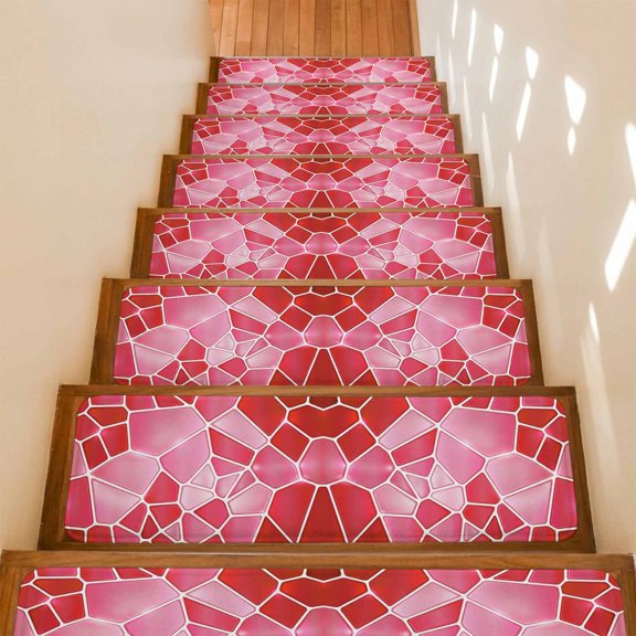 Red Mosaic Stair Treads Non Slip for Steps Modern Abstract Crimson Tiles Geometric Art 7 Pcs Reusable Adhesive Stair Runner Mats for Dogs Elders Carpet Treads Rugs for Staircase 8x30 In
