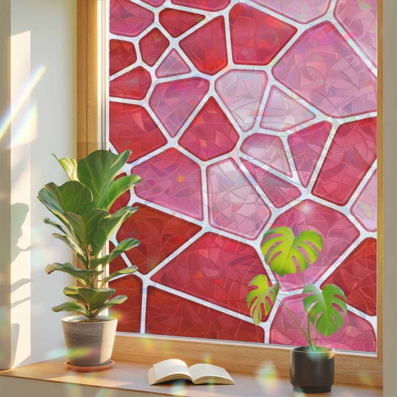 Red Mosaic Window Privacy Film, Modern Abstract Crimson Tiles Geometric Art Stained Glass Rainbow Film Decorative Window Clings, Static Cling Sun Blocking Stickers 17.7" x 39.3"