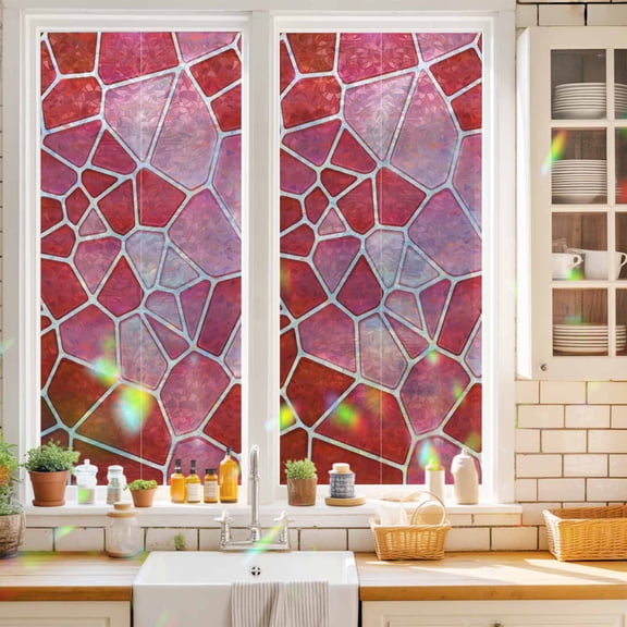 Red Mosaic Window Privacy Film Modern Abstract Crimson Tiles Geometric Art Static Cling Stained Glass Window Film Non-Adhesive Decorative Decals Rainbow Sticker 17.7"X39.3"