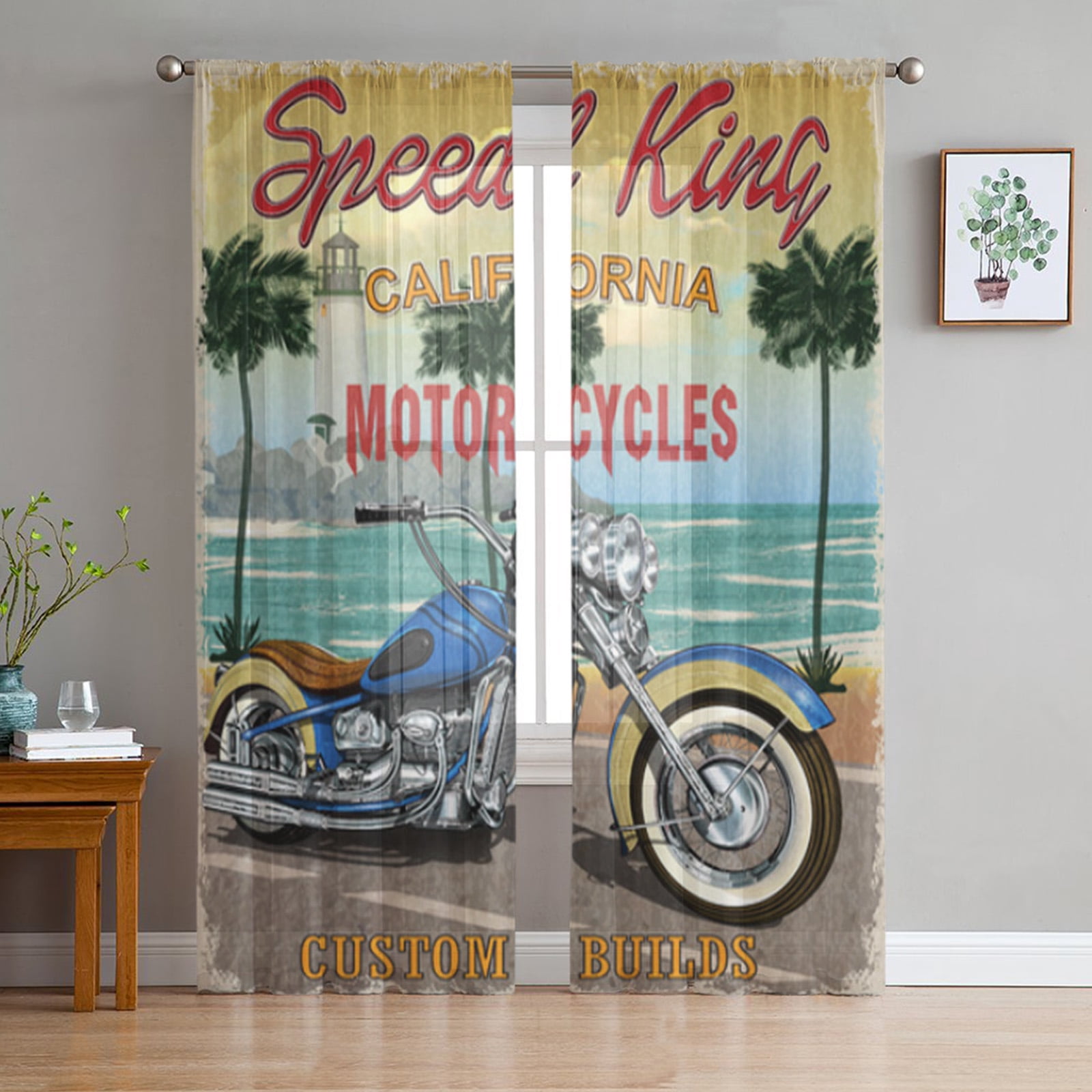 Red Motorcycle Stars Plate Retro Tulle Curtains for Living Room ration ...
