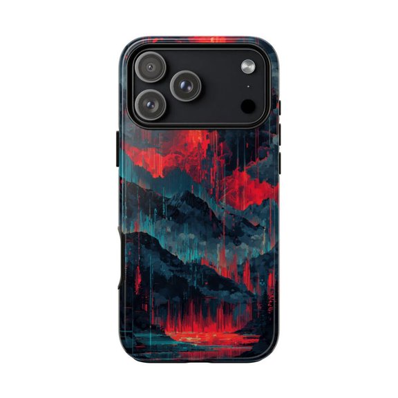 Red Mountain Glitch Static Storm Abstract iPhone Case 17 through 11 Pro Max