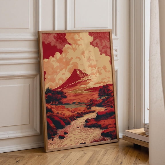 Red Mountain Landscape Vintage Volcano Dramatic Sunset Nature Retro Scenic Bold Rustic Poster Unframed Paper Print