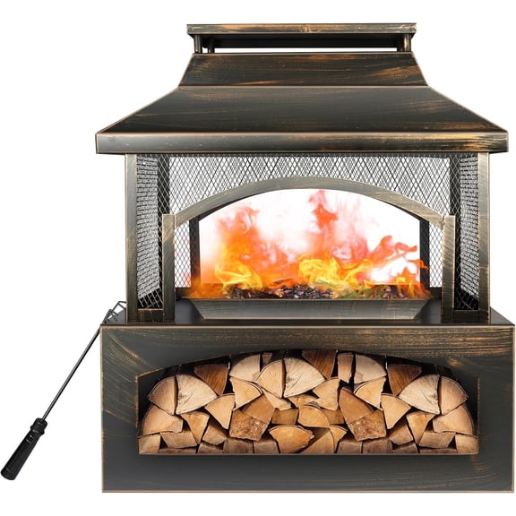 Vantana 37" Fire Pit with Wood Storage, Outdoor Wood Burning Fireplace for Patio Garden Backyard