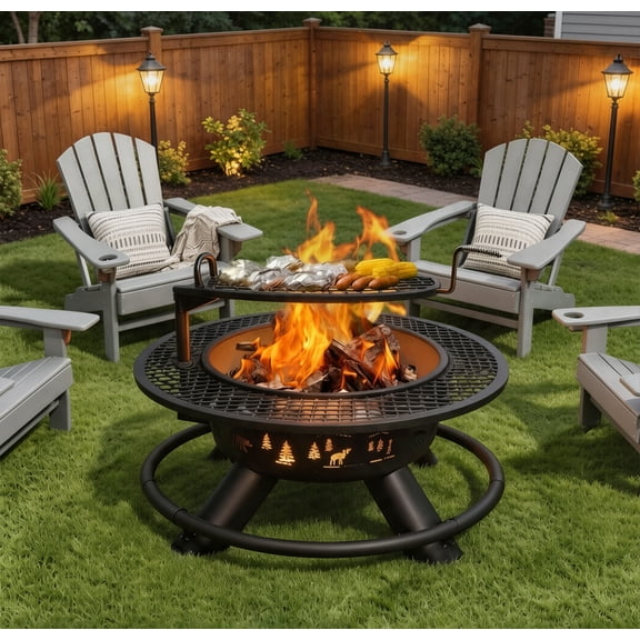 Red Mountain Valley 47" Wood Burning Fire Pit with Adjustable Grill, 2-in-1 Outdoor Fireplace, 360° Swivel, for Outside Backyard, Picnic, BBQ