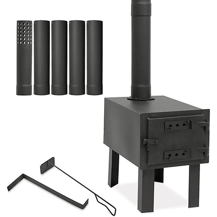 Vantana Portable Wood Stove w/5-Section Chimney & 2 Rakes, Cast Iron for Camping/Hunting/Fishing