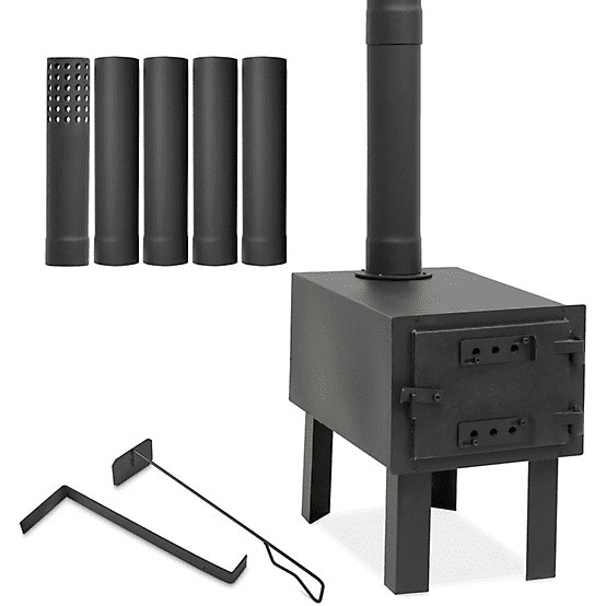 Vantana Portable Wood Stove w/5-Section Chimney & 2 Rakes, Cast Iron for Camping/Hunting/Fishing