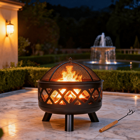 Red Mountain Valley 24" Wood Burning Fire Pit, Heavy-Duty Steel Cross-Woven Outdoor Fireplace with Poker & Cover for Patio, Backyard